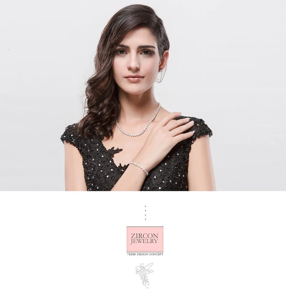 Silver Color 3 Prong Round Cubic Zirconia Necklace Earring Bridal Jewelry Set Simple Design Bride Wedding Accessories
