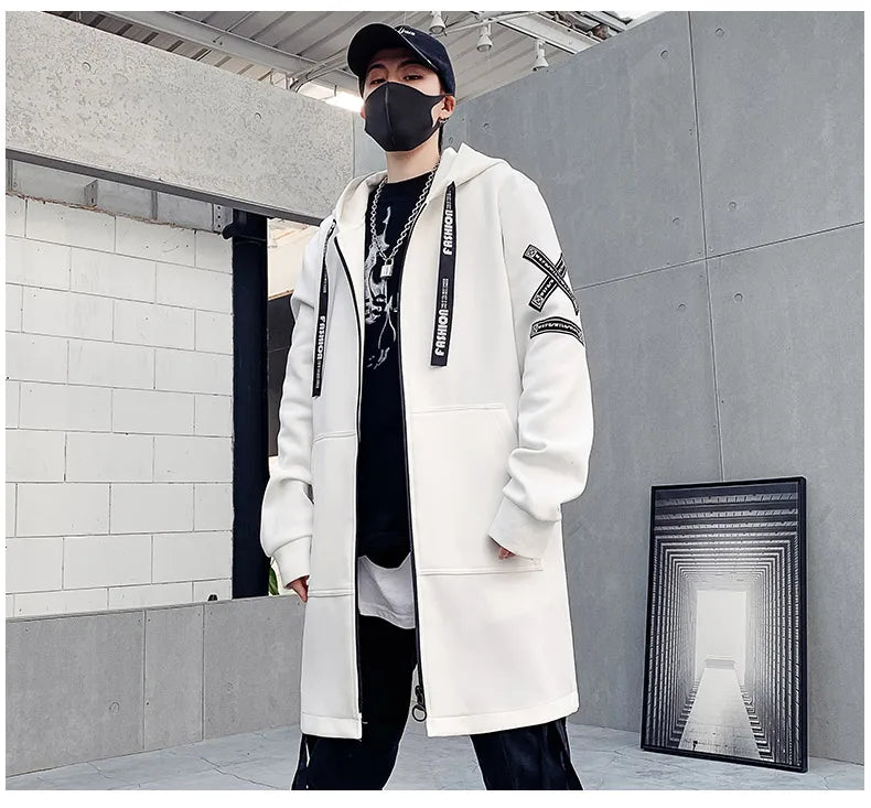 New Men Streetwear Black Jackets And Coats Hip Hop Harajuku Hooded Men's Windbreaker Overcoat Mens Clothing Outwear M-5XL