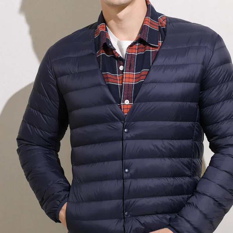 Matt Fabric Ultra Light Down Jacket Men V-neck Men's Down Jacket Slim Windproof Portable Lightweight Coat Warm Liner