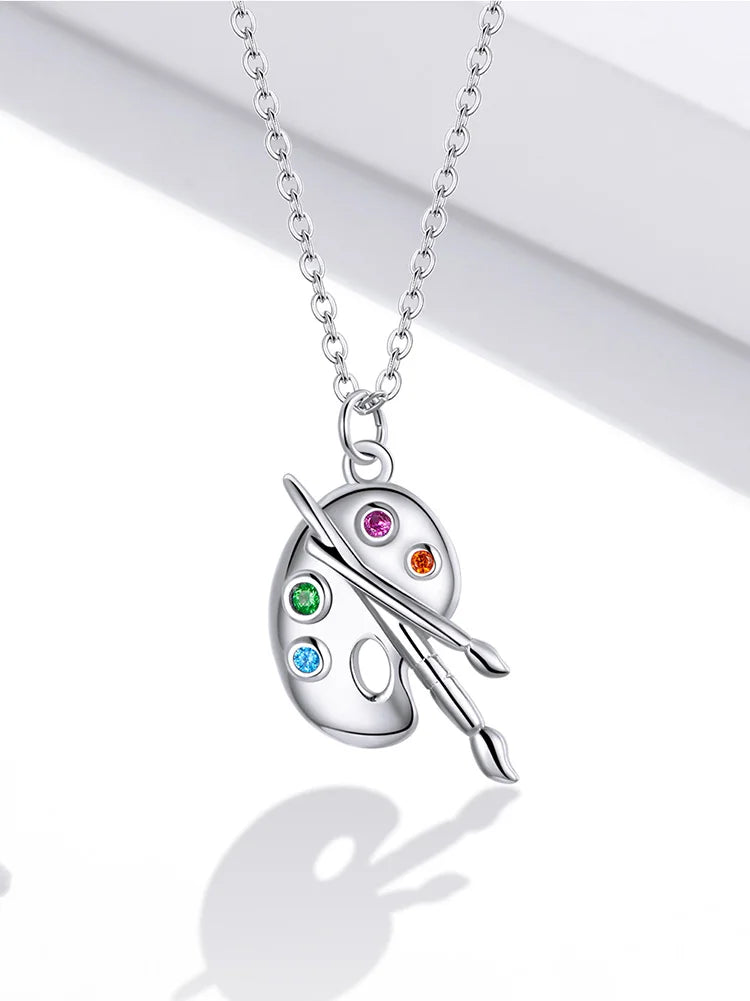 925 Sterling Silver Color Palette Necklace Chain Zircon Crystal Art Brush for Women Fine Statement Jewelry SCN457