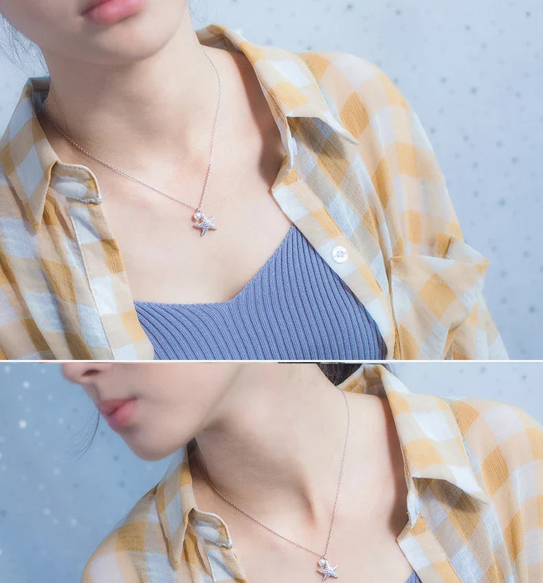 Marine Life Adjustable Necklace for Women Shiny Zircon Starfish Pearl Sterling Silver 925 Pendant Necklace Fine Jewelry