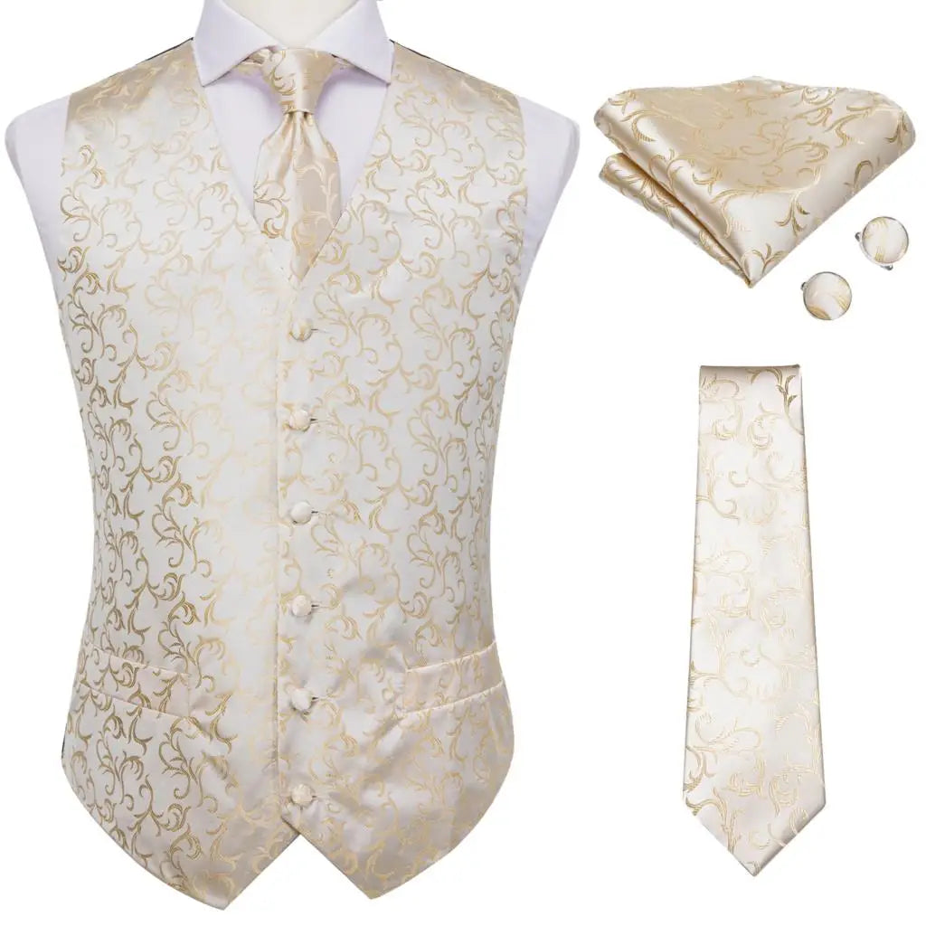 Fashion Silk Vest For Men Classic Gold Champane Yellow Waistcoat Jacket Tie Hankerchief Cufflinks Sets Dress Suit Wedding Hi-Tie