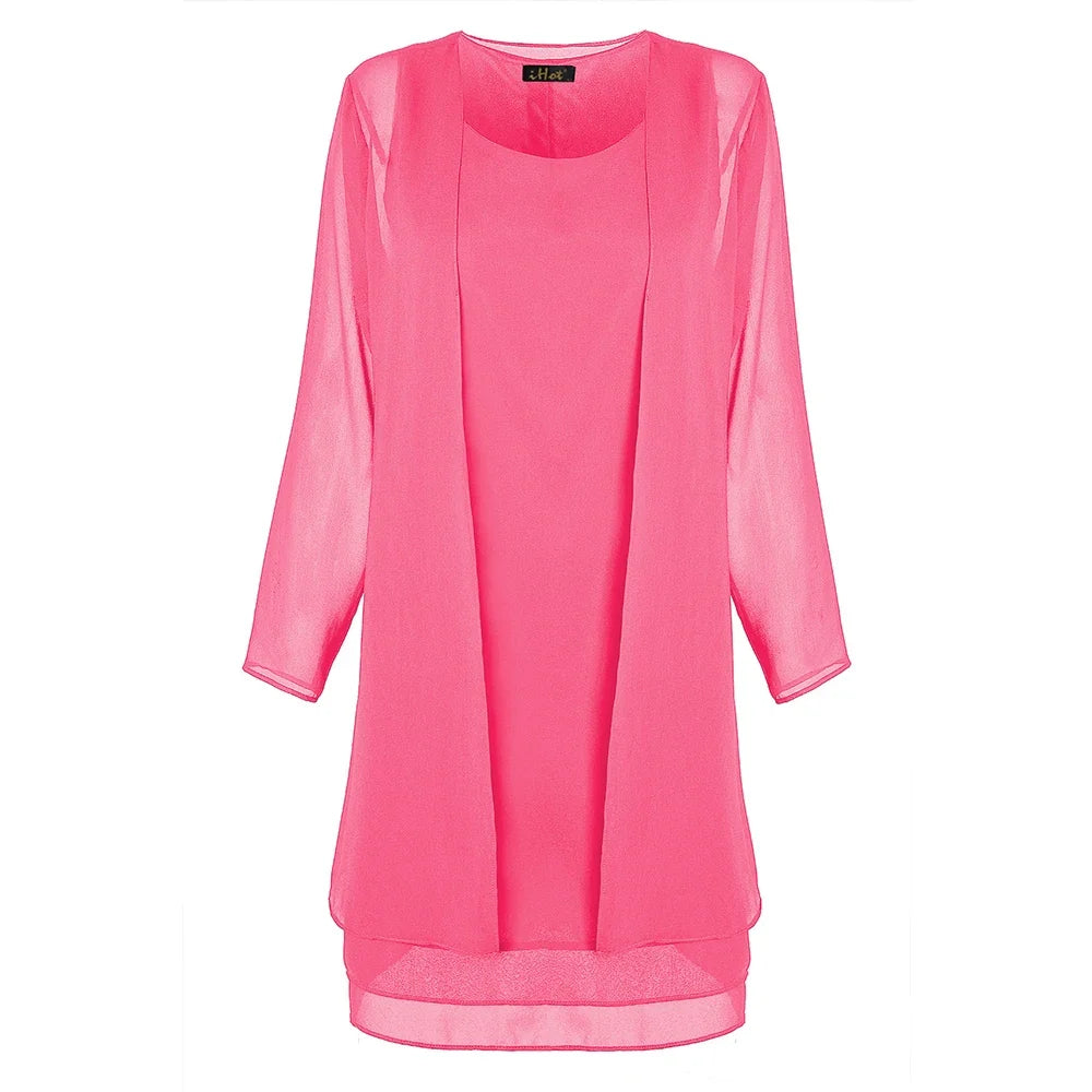 2 Pieces Chiffon Dress Set Women Casual Long Sleeve Solid Cardigan Dress Elegant Wedding Evening Party Dresses Clothing Vestidos