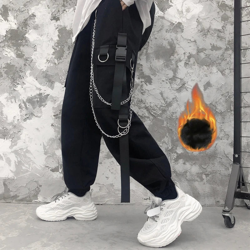 Women Cargo Harem Pants Side Pockets Black White Hip Hop Casual Pants