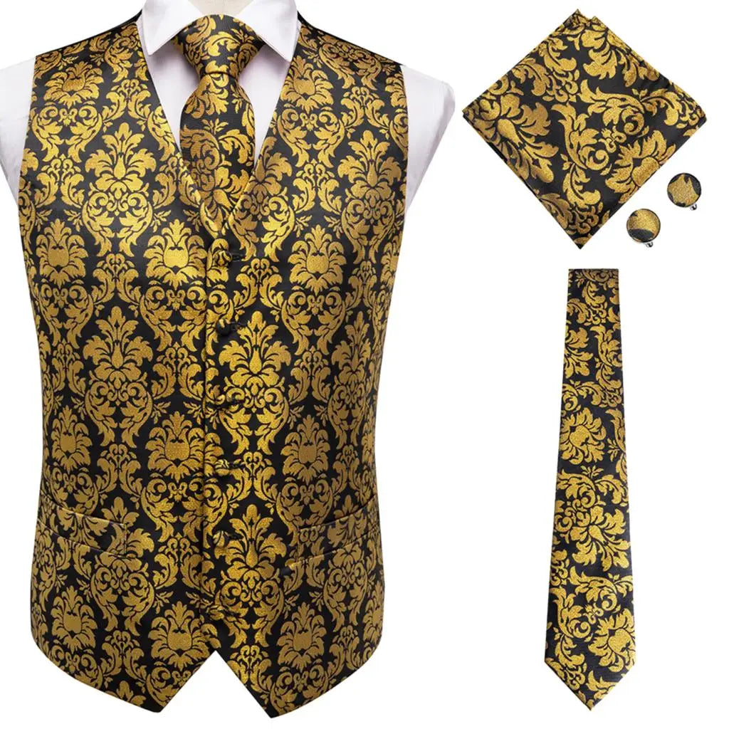 Fashion Silk Vest For Men Classic Gold Champane Yellow Waistcoat Jacket Tie Hankerchief Cufflinks Sets Dress Suit Wedding Hi-Tie