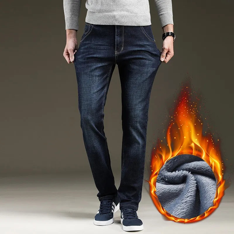 Winter New Men's Warm Blue Black Slim Jeans Classic Style Stretch Slim Fit Thick Pants Fashion Trousers Male Brand