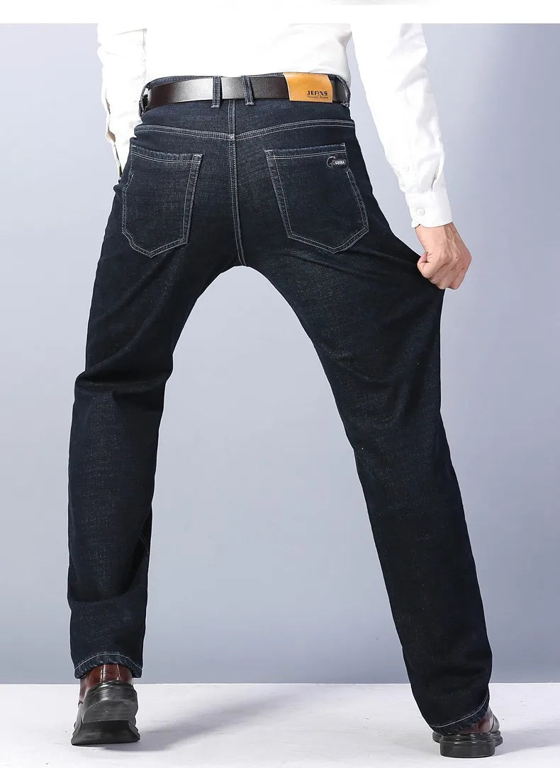 Winter New Men's Warm Blue Black Slim Jeans Classic Style Stretch Slim Fit Thick Pants Fashion Trousers Male Brand
