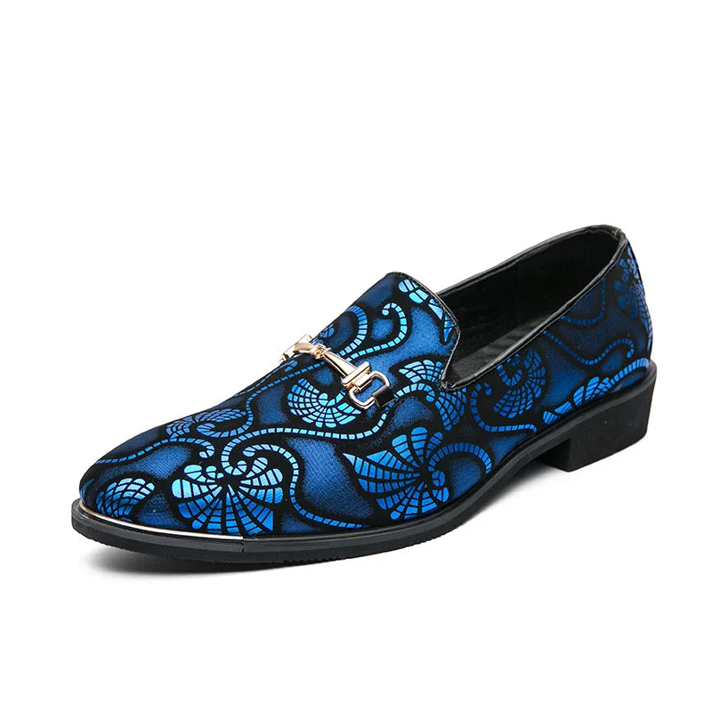New Men Dress Leather Shoes For Men Luxury British Gold Blue National Pattern Oxfords Classic Gentleman Wedding Prom Shoes