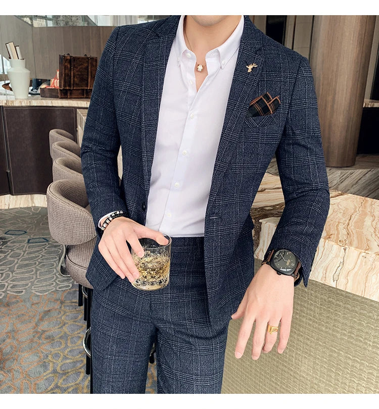S-7XL Jacket + Pants / Luxurious High -end Brand Solid Color Men's Casual Business Slim Suit Two -piece Suit Groom Wedding Suit
