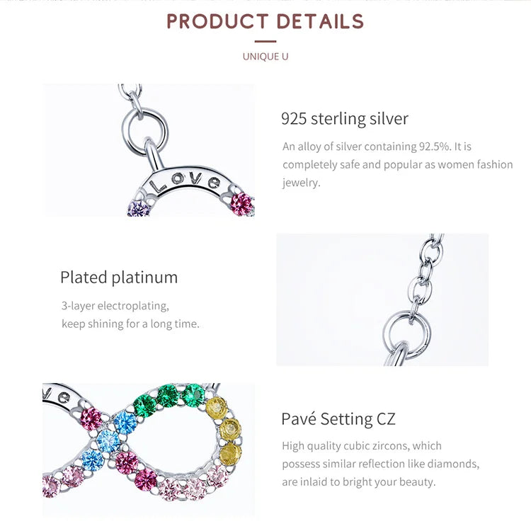 Genuine 925 Sterling Silver Rainbow Color Infinite Love Short Chain Necklace for Women Girl Gift Collar 2020 New SCN402