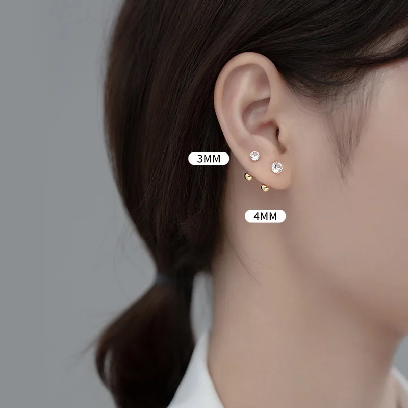 925 Sterling Silver Luxury Round Zircon Simple Bead Stud Earrings for Women Fashion Body Piercing Jewelry Accessories