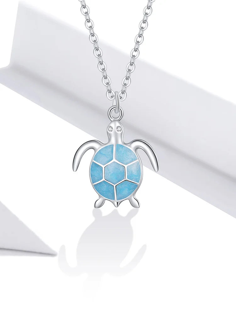 925 Sterling Silver Sky Blue Enamel Turtle Pendant Necklace Cute Animal Adjustable Necklace for Women Fine Jewelry SCN446