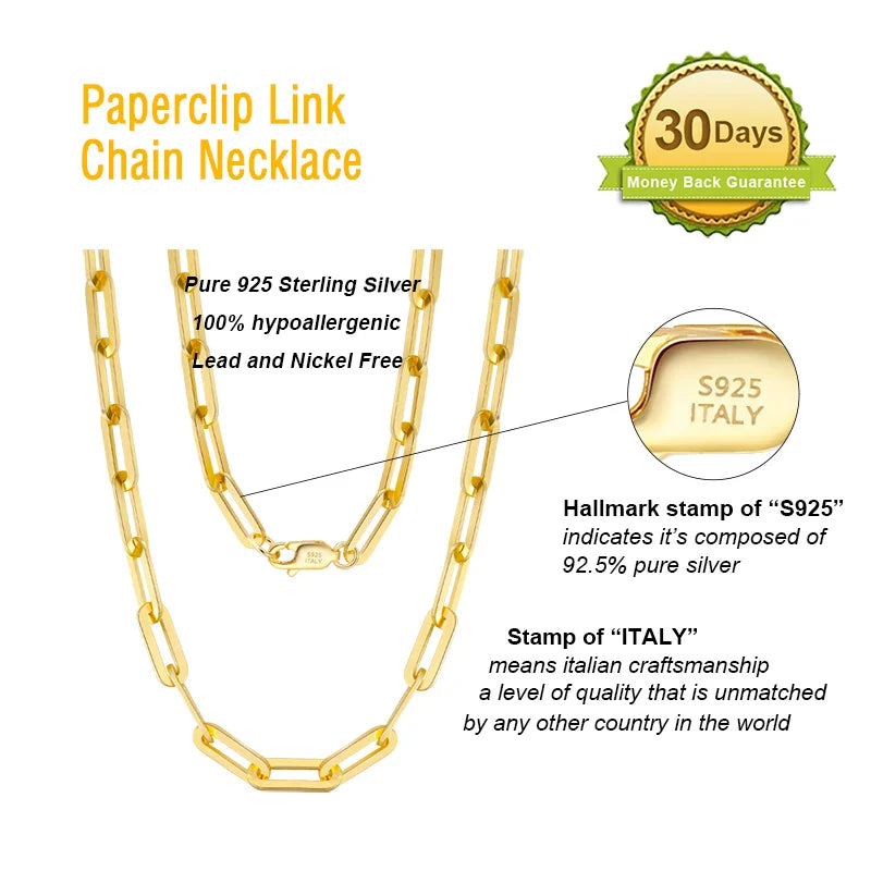 14K Gold Plated Genuine 925 Sterling Silver Paperclip Neck Chain 6/9.3/12mm Link Necklace for Women Men Jewelry SC39