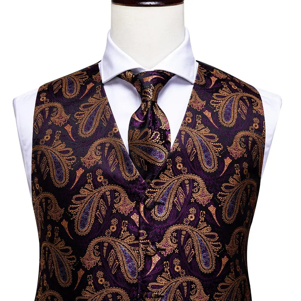Fashion Silk Vest For Men Classic Gold Champane Yellow Waistcoat Jacket Tie Hankerchief Cufflinks Sets Dress Suit Wedding Hi-Tie
