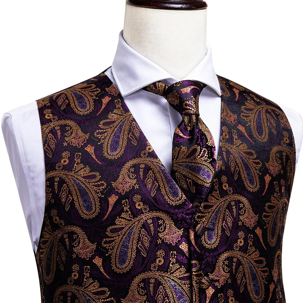 Fashion Silk Vest For Men Classic Gold Champane Yellow Waistcoat Jacket Tie Hankerchief Cufflinks Sets Dress Suit Wedding Hi-Tie