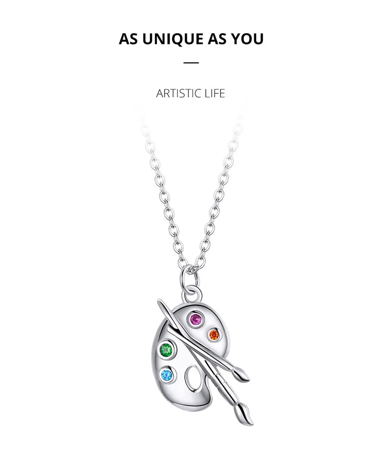 925 Sterling Silver Color Palette Necklace Chain Zircon Crystal Art Brush for Women Fine Statement Jewelry SCN457