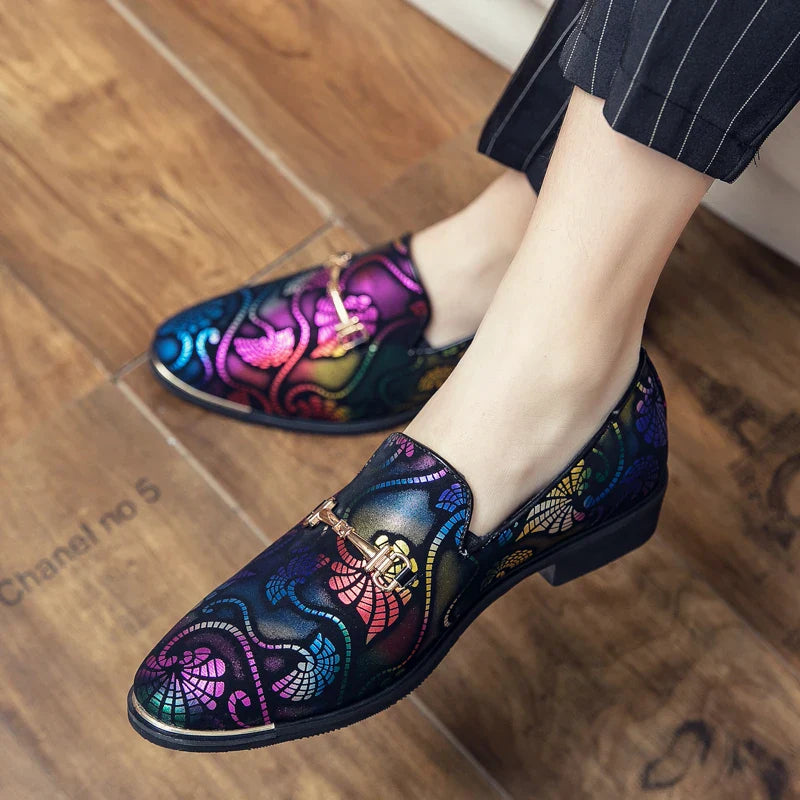 New Men Dress Leather Shoes For Men Luxury British Gold Blue National Pattern Oxfords Classic Gentleman Wedding Prom Shoes