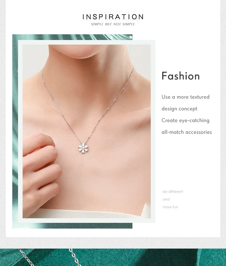 925 Sterling Silver Sparkling Lucky Flower Pendant Necklace for Women Luxury Drop Zirconia Female Wedding Fine Jewelry