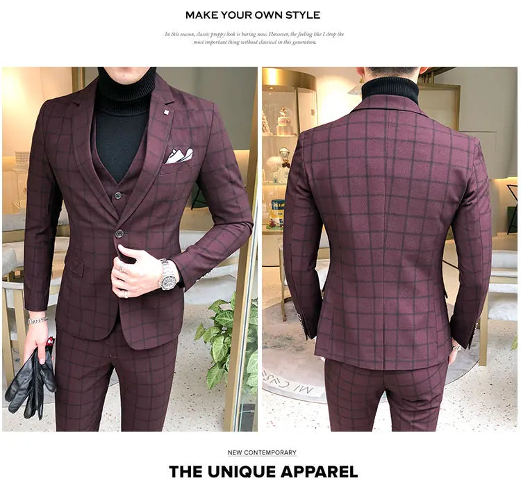 Blazer and Vest and Pants / Boutique Fashion Plaid Men's Casual Business Suit 3pcs Set Groom Wedding Dress Performance Costume