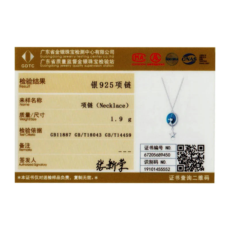 Genuine 925 Sterling Silver Blue Enamel Moon & Cat Pendant Necklace Star Neck Chain for Women Gift Fine Jewelry SCN422