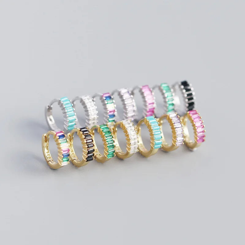925 Sterling Silver Earring Fashion Rectangle Color Zircon Round Ear Ring Ear Bone Wild Trend Sweet Simple Women Girl Ear Jewelr