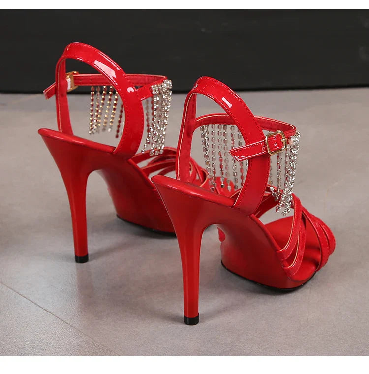Model Catwalk High Heels Stiletto Sexy Platform 11cm Sandals Female Summer Red party Shoes Woman Sandals Cross Straps Size 43