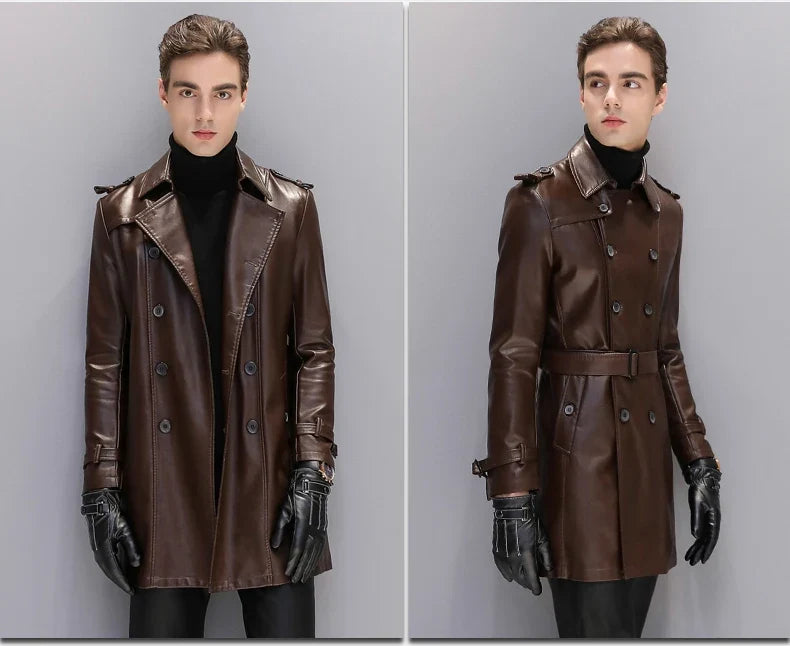 Autumn Black Faux Leather Trench Coat Men Long Sleeve Belt Double Breasted Brown Plus Size Men Clothing 2022 4xl 5xl