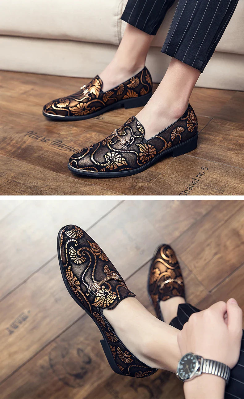 New Men Dress Leather Shoes For Men Luxury British Gold Blue National Pattern Oxfords Classic Gentleman Wedding Prom Shoes