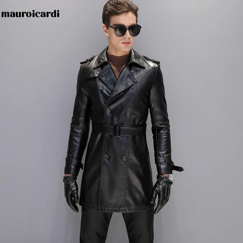 Autumn Black Faux Leather Trench Coat Men Long Sleeve Belt Double Breasted Brown Plus Size Men Clothing 2022 4xl 5xl