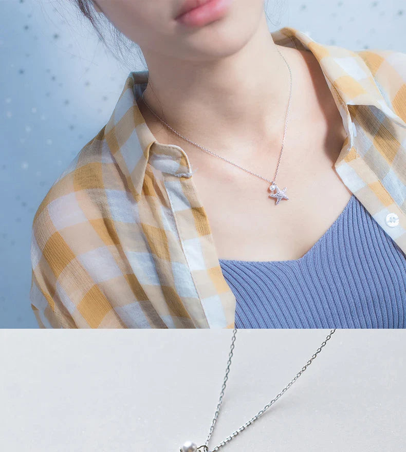 Marine Life Adjustable Necklace for Women Shiny Zircon Starfish Pearl Sterling Silver 925 Pendant Necklace Fine Jewelry
