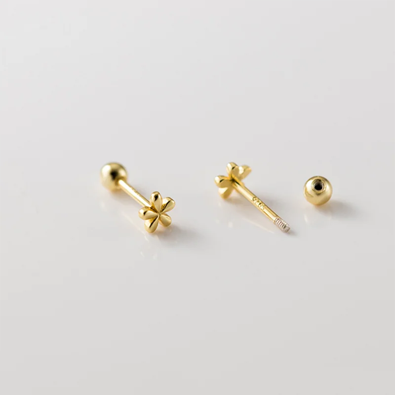 925 Sterling Silver Fashion Simple Golden Flower Beads Small Stud Earrings for Women Teen Piercing Jewelry Accessories