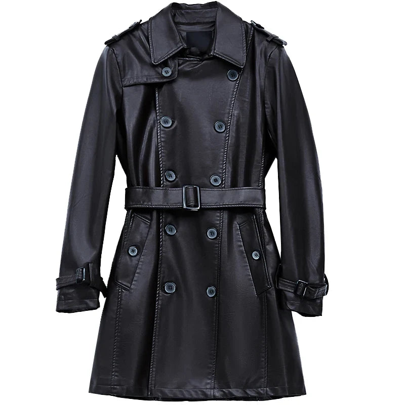 Autumn Black Faux Leather Trench Coat Men Long Sleeve Belt Double Breasted Brown Plus Size Men Clothing 2022 4xl 5xl