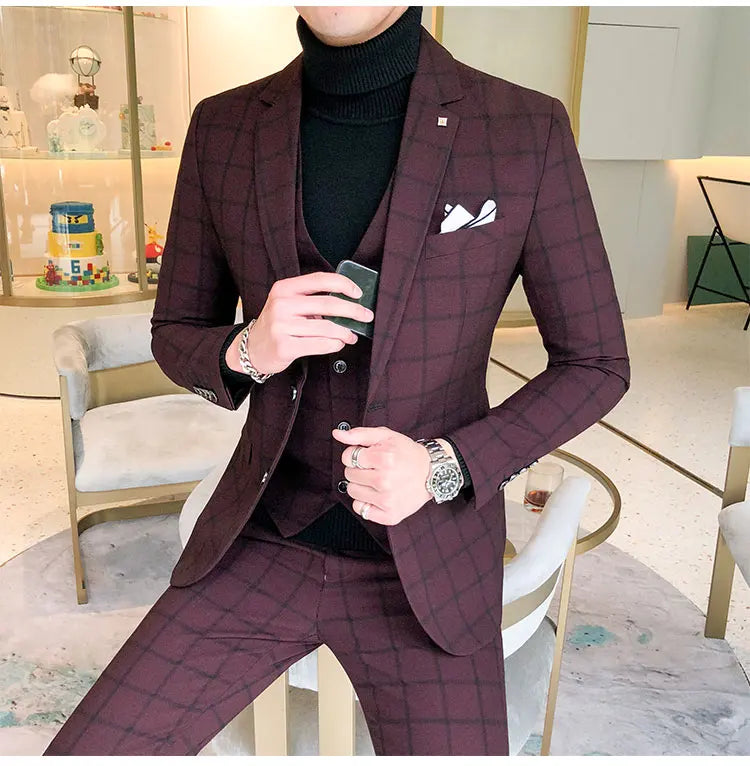 Blazer and Vest and Pants / Boutique Fashion Plaid Men's Casual Business Suit 3pcs Set Groom Wedding Dress Performance Costume
