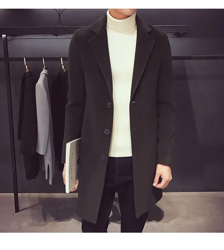 Men Long Cotton Coat 2025 Autumn Winter Wool Blend Pure Color Business Casual Slim Fit Windbreaker Jacket Fashion Men Clothing