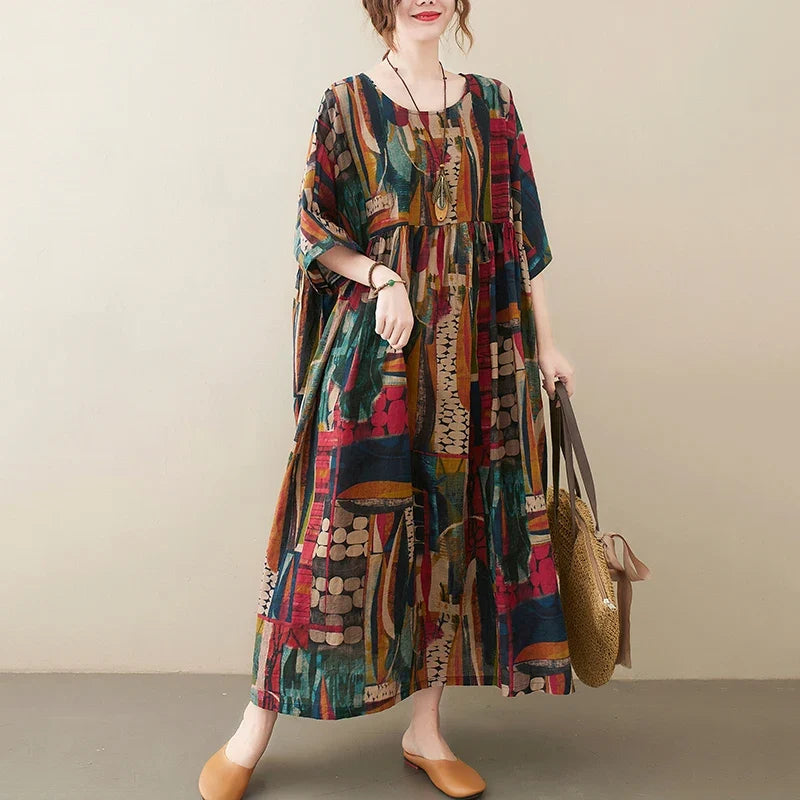 Short Sleeve Cotton Linen Vintage Print Summer Long Dresses For Women 2026 Casual Loose Holiday Ladies Dress Elegant Clothes