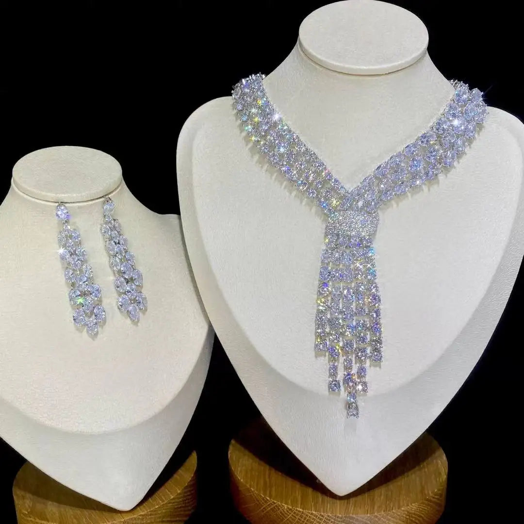 Luxury Blue 2 Piece Tassel Necklace Cubic Zircon Jewelry Set Women Wedding European Party Jewelry Set X0140