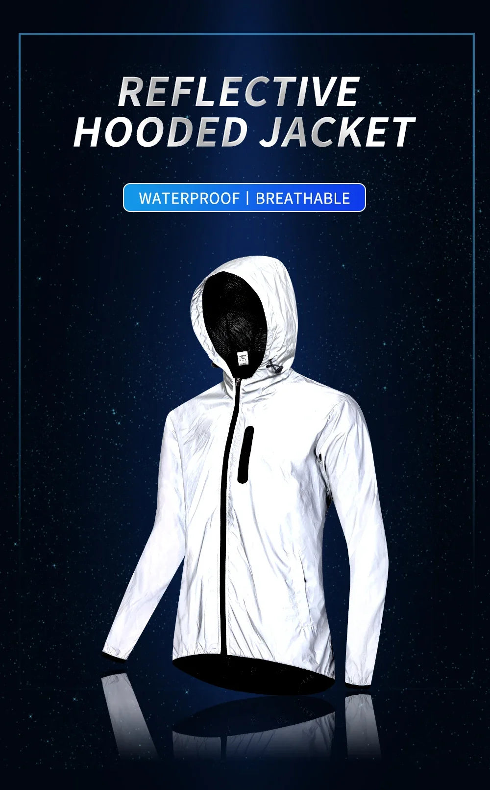Full Reflective Jacket with Hoodie High Visibility Waterproof Wind Breaker Men Women Hiking Cycling Running Safety Vest
