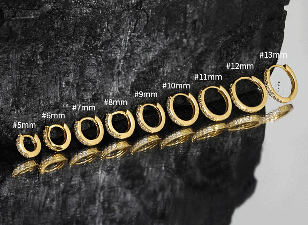 925 Sterling Silver Gold Zircon CZ 5mm 6mm 7mm 8mm To 13mm Huggies Hoops Piercing Pendiente Clips Luxury Fine Jewelry