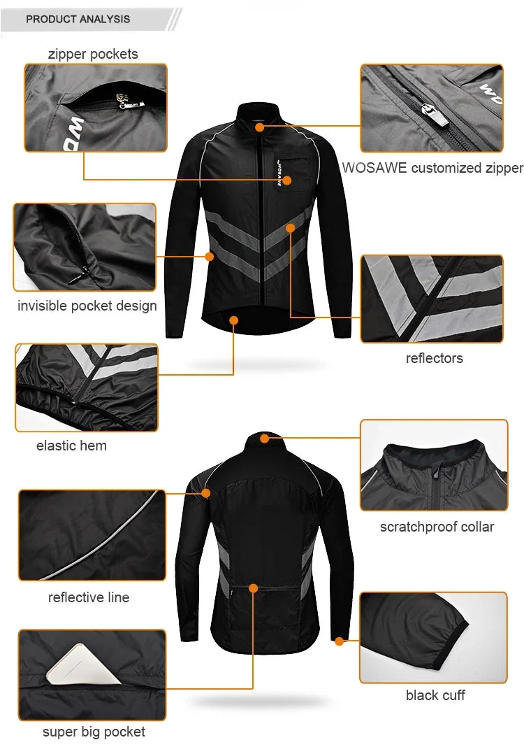 Ultralight Men's Cycling Windbreaker Reflective Jacket Windproof Bike Jacket Water Resistant MTB Road Bicycle Long Jersey