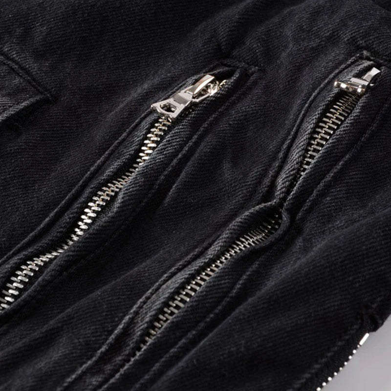 Men's Zippers Black Biker Jean Jacket Streetwear Thick Denim Slim Coat with Belt High Quality