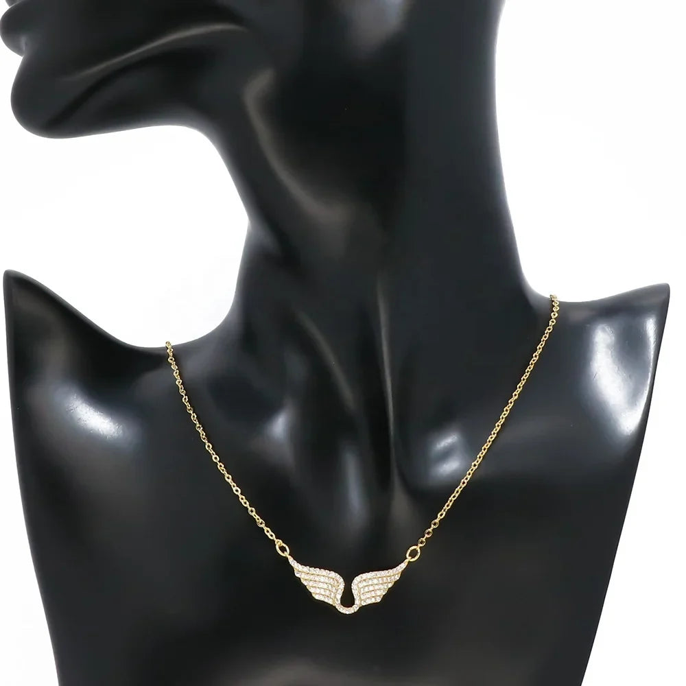 Delicate Women 24K Gold Plated Zircon Angel Wing Chain Pendant Necklace