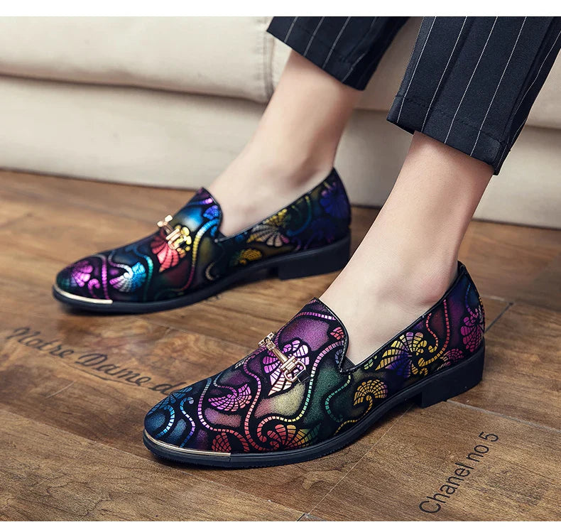 New Men Dress Leather Shoes For Men Luxury British Gold Blue National Pattern Oxfords Classic Gentleman Wedding Prom Shoes