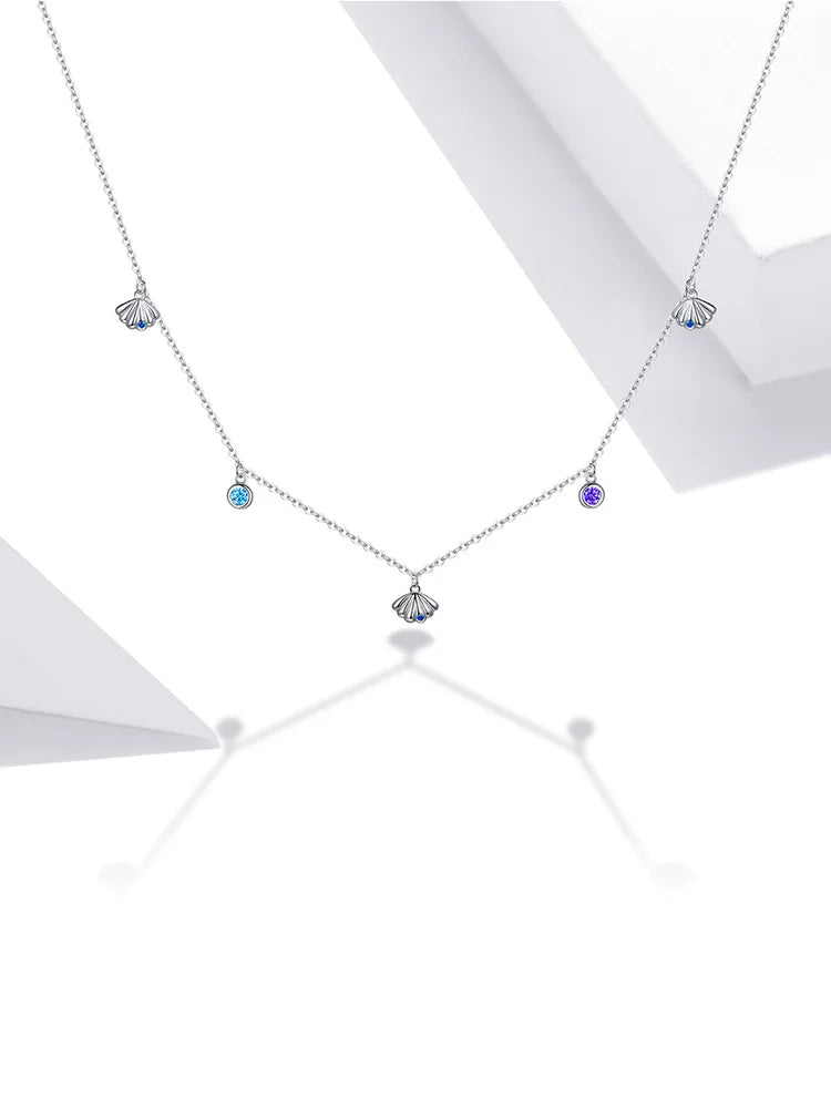 Authentic Silver Seashell Necklace 925 Sterling Silver Blue CZ Love Necklace Gift for Girl Statement Fine jewelry SCN454