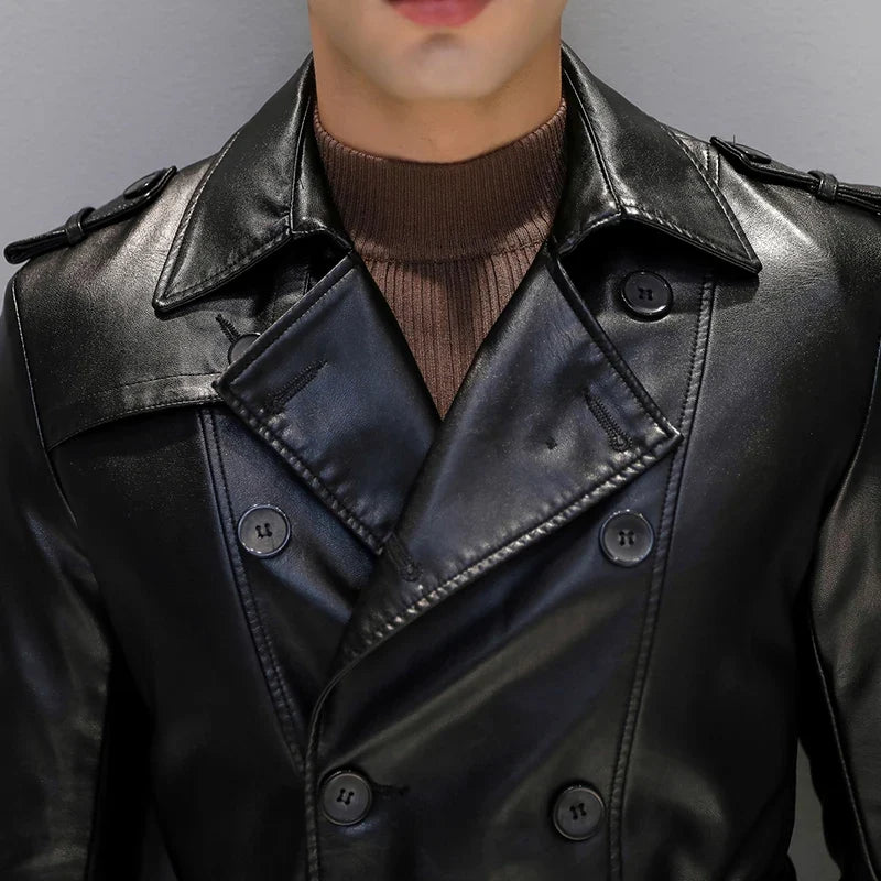 Autumn Black Faux Leather Trench Coat Men Long Sleeve Belt Double Breasted Brown Plus Size Men Clothing 2022 4xl 5xl