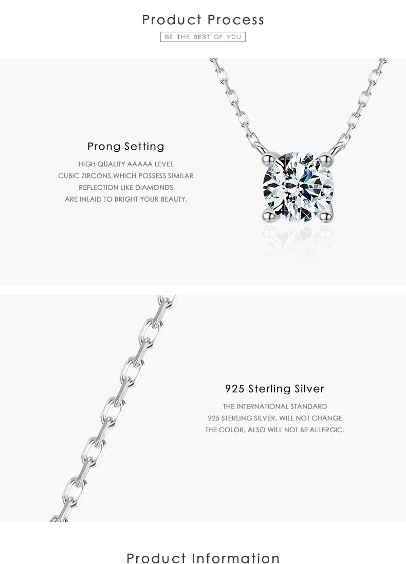 Classic 925 Sterling Silver Round Simple Clear CZ Chain Necklaces Pendant For Women Wedding Engagement Statement Jewelry