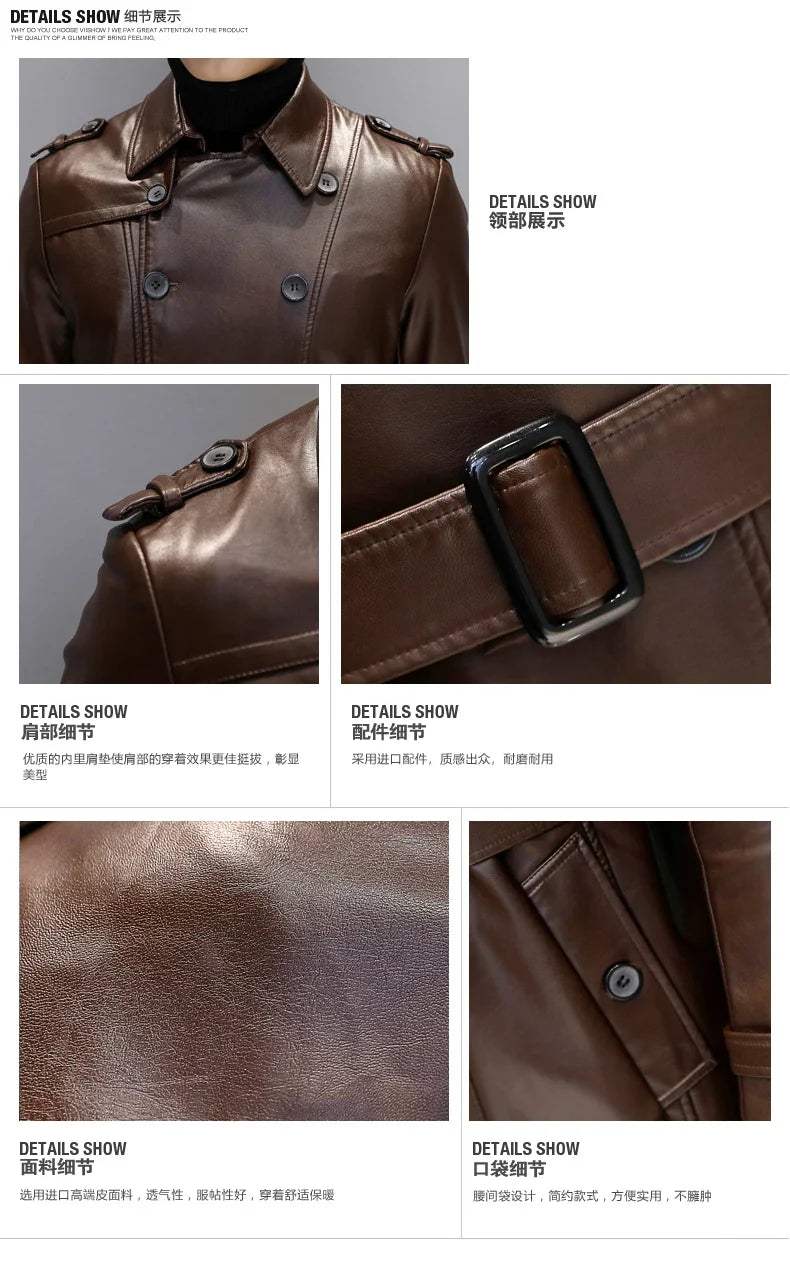 Autumn Black Faux Leather Trench Coat Men Long Sleeve Belt Double Breasted Brown Plus Size Men Clothing 2022 4xl 5xl