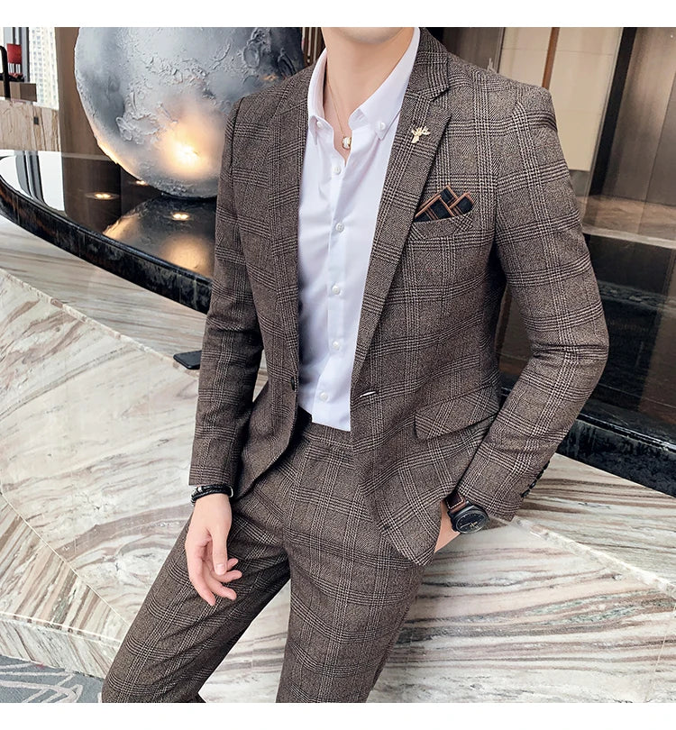 S-7XL Jacket + Pants / Luxurious High -end Brand Solid Color Men's Casual Business Slim Suit Two -piece Suit Groom Wedding Suit