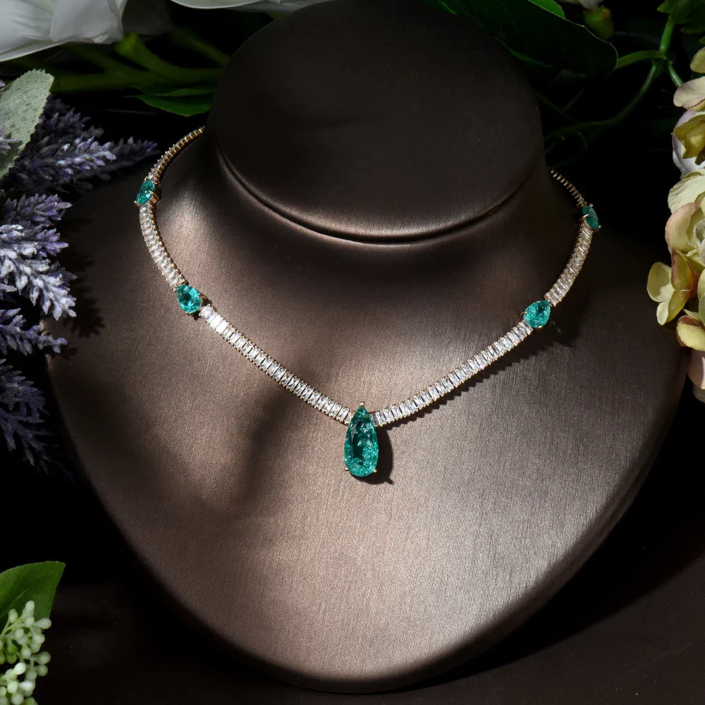 New Arrivial 2pcs Water Drop Multicolor Necklace and Earring Set Cubic Zirconia Nigeria Women Wedding Jewelry Sets N-394