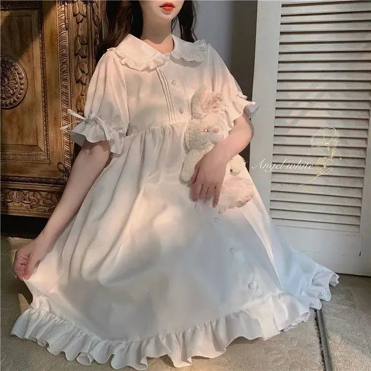 Japanese Sweet Girl Lolita Dress White 2021 Summer Kawaii Peter Pan Collar Cute Ruffle Puff Sleeve Drees Elegant Lady Dresses