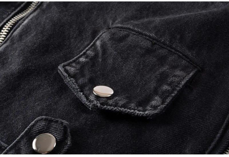 Men's Zippers Black Biker Jean Jacket Streetwear Thick Denim Slim Coat with Belt High Quality